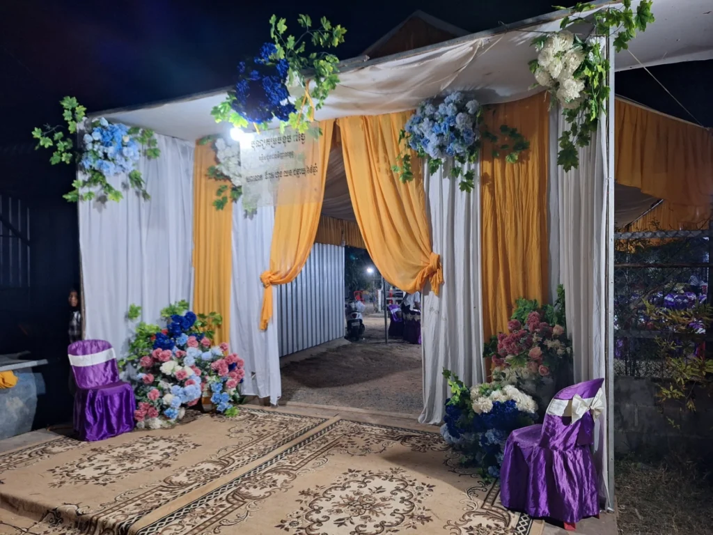 The beautifully decorated entrance for the funeral service